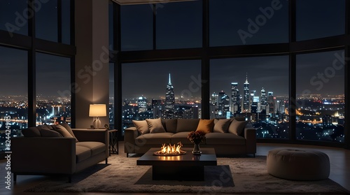 living room with soft beige furniture in a light luxury interior design of a modern apartment in a minimalist style with marble trim and huge windows. daylight inside.generative.ai  photo