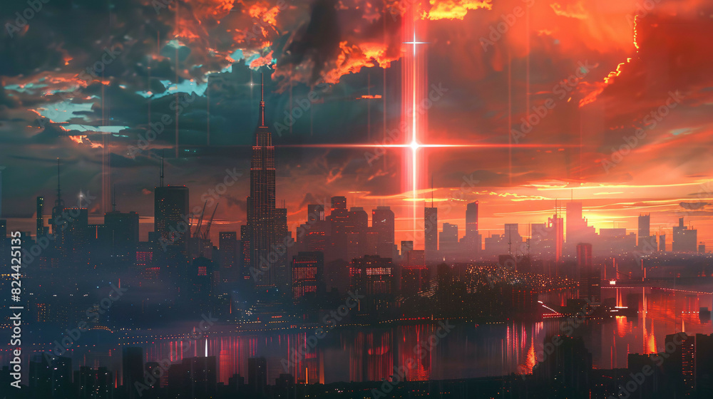 City skyline illuminated by cross of light, digital art