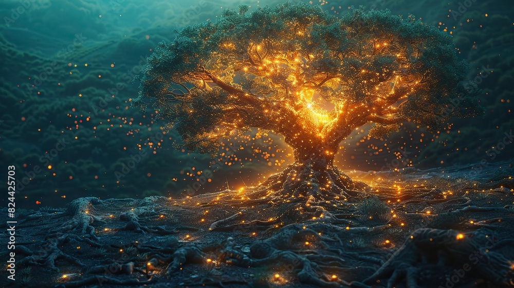 Obraz premium A digital image of a tree with branches held up by many hands, symbolizing support and growth. image