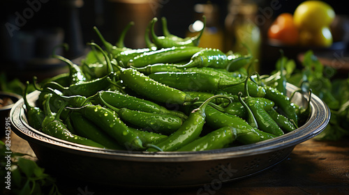 Fresh Green Chilies With Waterdrops in Bowl on Blurry Background photo