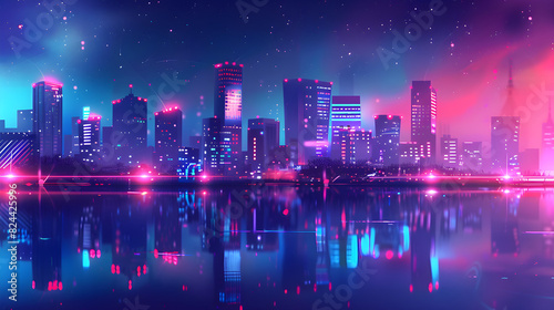 Vibrant cityscape reflection with futuristic skyline and colorful lights 