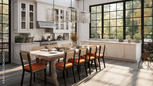Modern farmhouse kitchen interior with light wood floors white granite marble counters large dining table with eight chairs stainless appliances orange color accents and large windows with black trim photo