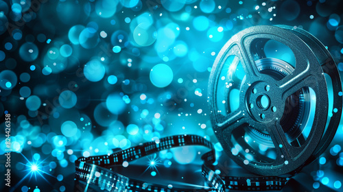 Glittering Blue Bokeh Background with Film Reel for Cinematic and Movie Concepts © alexkich