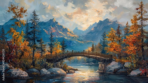 A painting of a bridge spanning a river, built by many hands, symbolizing overcoming obstacles through teamwork. photo photo