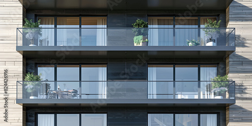 A modern apartment building with balconies and plants in a bustling urban setting.