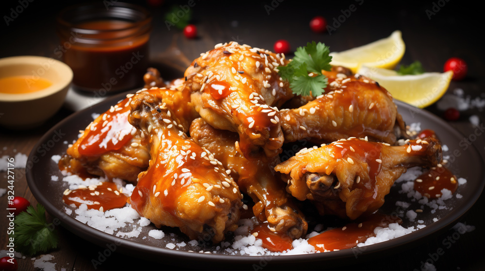Delicious Fried Chicken Leg Pieces in Plate With Sliced Lemons on Wooden Table Background Delicious Fried Chicken Leg Pieces in Plate With Sliced Lemons on Wooden Table Background