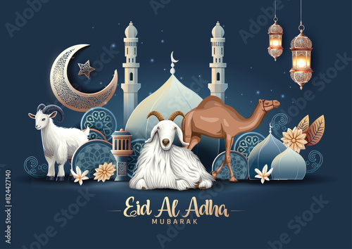 beautiful Eid al Adah art greetings with golden lantern, half moon and dark Arabian culture background. abstract vector illustration design. photo