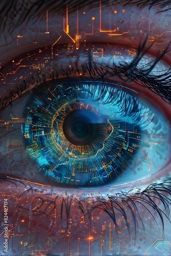 human eye close up with expressive intricate circuits surrounding abstract digital fantasy background
