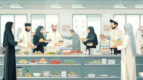 Colorful vector illustration of an Eid al Adha celebration in a community center, with people sharing food, gifts, and well wishes Generative AI