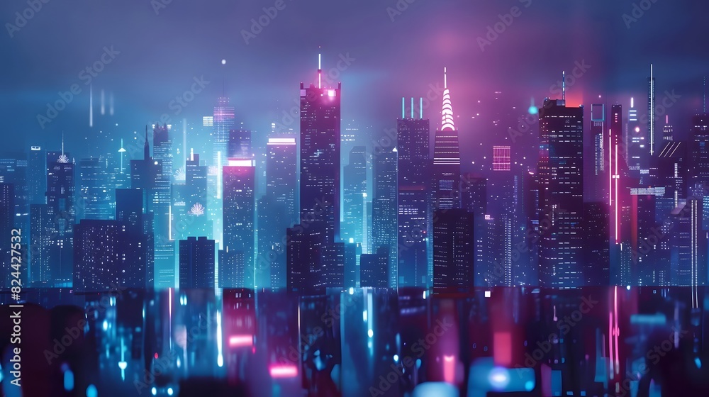 Nighttime Cityscape with Glowing Skyscrapers and Urban Lights