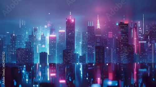 Nighttime Cityscape with Glowing Skyscrapers and Urban Lights
