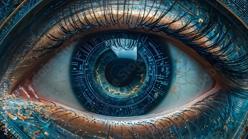 human eye close up with expressive intricate circuits surrounding abstract digital fantasy background