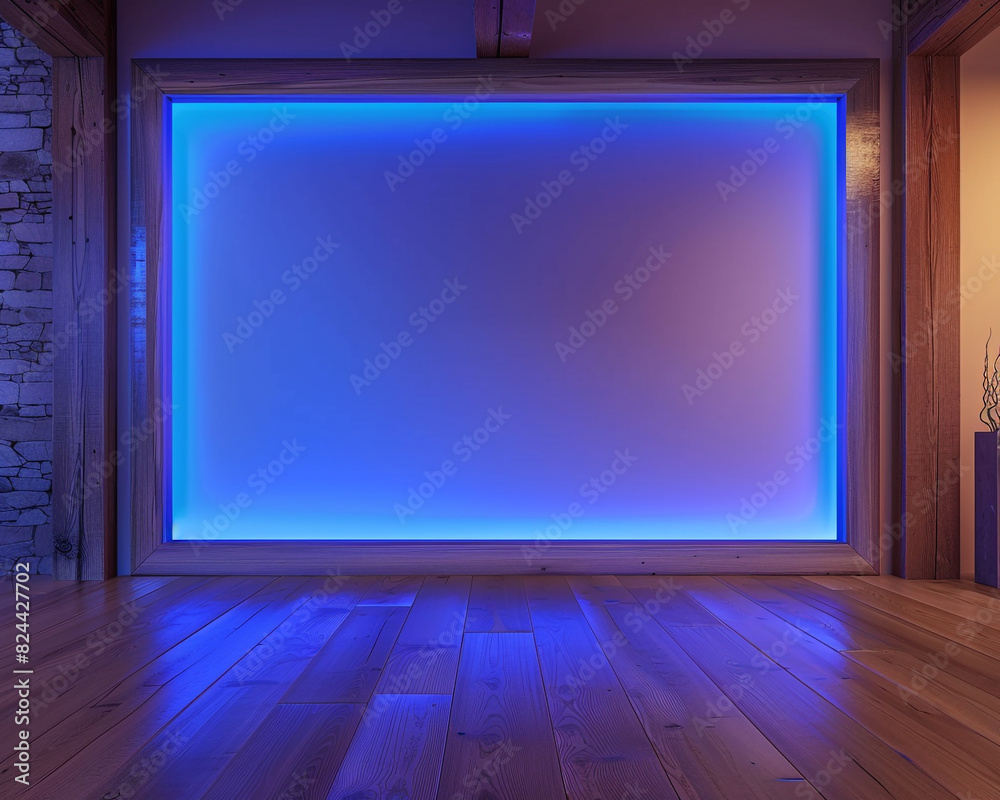 Modern room with a wooden frame and a royal blue light border on a wooden floor. Modern room with a wooden frame and a royal blue light border on a wooden floor.