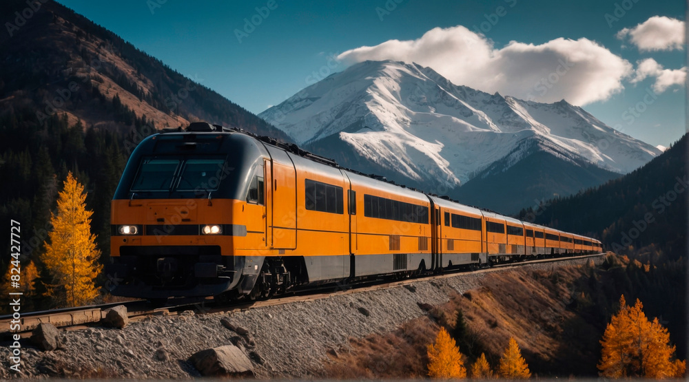 A train passing through mountains with snow-capped peaks and pine forests.