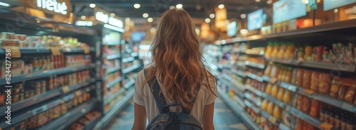 Woman Shopping in Supermarket Aisle.