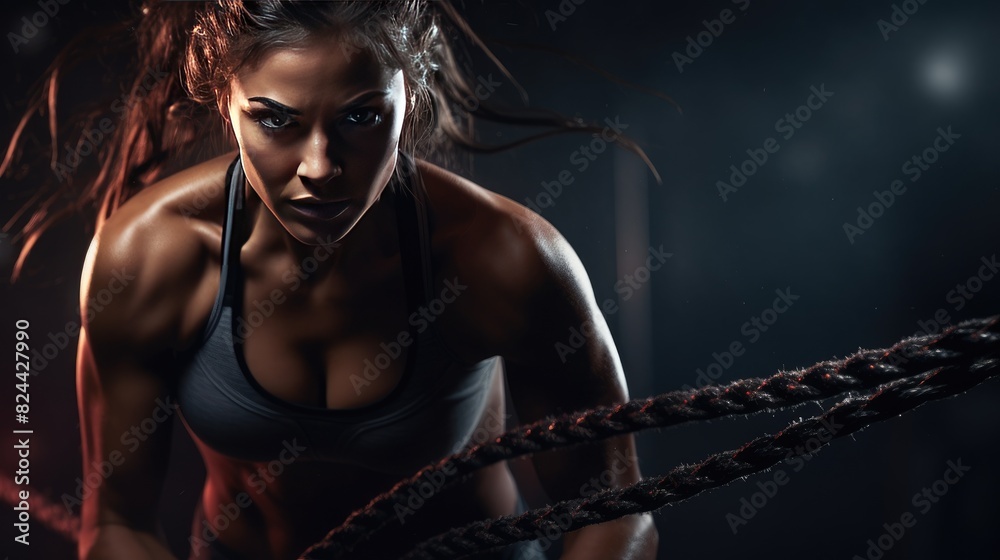 Woman plays battle rope workout at gym, isolated color background, AI generated for ads Woman plays battle rope workout at gym, isolated color background, AI generated for ads