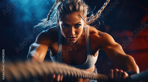 Woman plays battle rope workout at gym, isolated color background, AI generated for ads