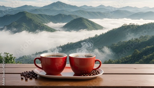red coffee cup on a wooden table with mountains and mist-covered forested hills photo