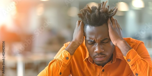 Anxious African American man in office setting displaying stress and pressure. Concept Work Stress, Office Environment, Mental Health, Professional Anxieties, Minority Representation