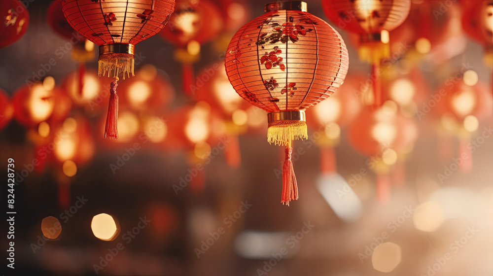 Obraz premium Beautiful Chinese New Year Red Lanterns Hanging Down in the style of Bokeh Panorama Traditional Modern Fusion Landscape On Blurry Background