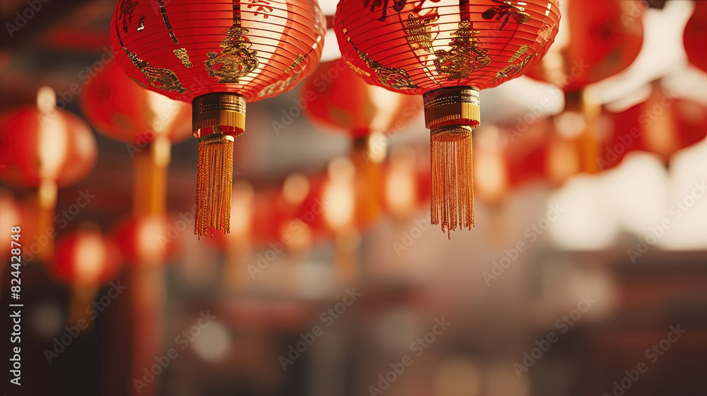Contemporary Chinese New Year Red Lanterns Hanging Down in the style of Bokeh Panorama Traditional Modern Fusion Landscape On Blurry Background