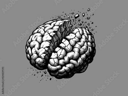 Monochrome engraved vintage drawing of brain cracking and broken vector illustration isolated on gray background