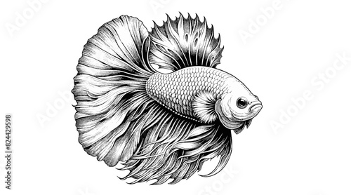 Monochrome engraved vintage drawing of fighting fish vector illustration isolated on white background