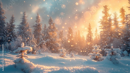 Magical Winter Scene with Snowflakes and Sunset Background