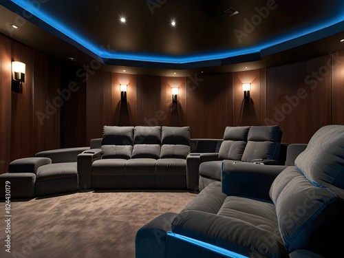 Contemporary home theater with plush seating and advanced technology, generative AI