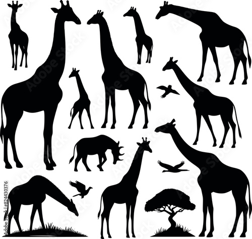Diverse Collection of Giraffe Silhouettes and Patterned Figures Vector Illustrations for Wildlife, Safari, and African Themes