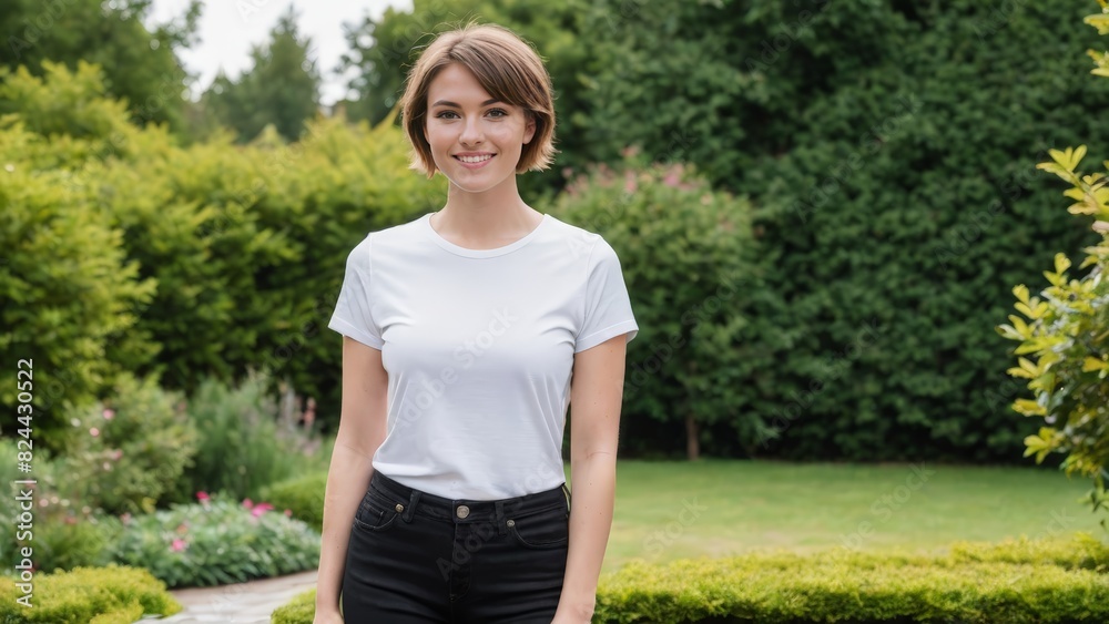 Young woman with short hair wearing white t-shirt and black jeans standing in the garden Young woman with short hair wearing white t-shirt and black jeans standing in the garden