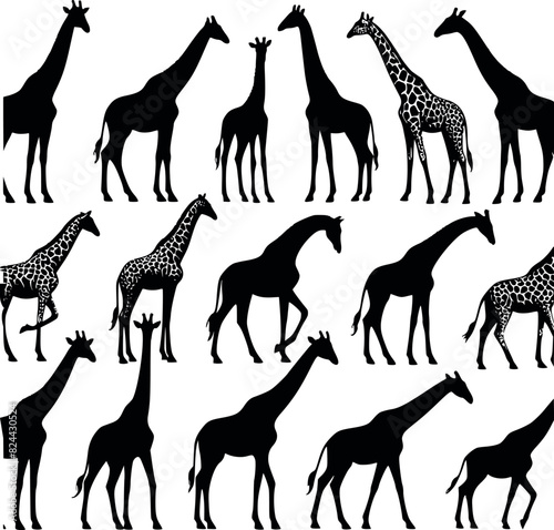 Diverse Collection of Giraffe Silhouettes and Patterned Figures Vector Illustrations for Wildlife, Safari, and African Themes
