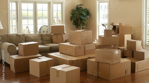 Capture a living room with cardboard boxes serving as makeshift tables or seating until furniture is fully arranged. 