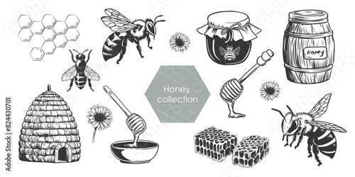 Honey vector set. Vintage Beekeeping illustrations in sketch style. Hand drawn engraving imitation of beehive, honeycomb, bee, spoon, jar, barrel.