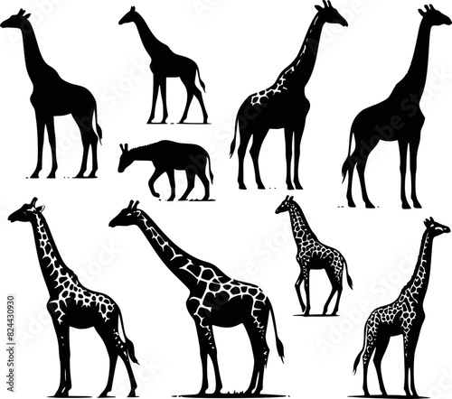 Diverse Collection of Giraffe Silhouettes and Patterned Figures Vector Illustrations for Wildlife, Safari, and African Themes