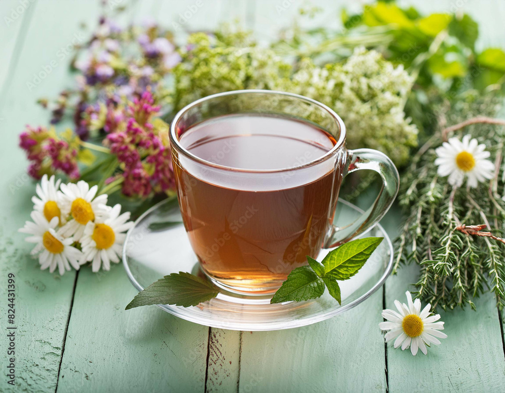 Cup of herbal tea with various herbs Cup of herbal tea with various herbs