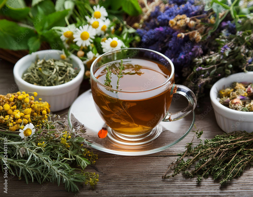 Cup of herbal tea with various herbs Cup of herbal tea with various herbs