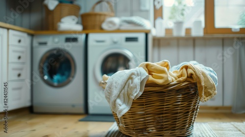 A bright and clean laundry room interior featuring sleek washing machines, tiled floors and organized shelves, reflecting a hygienic atmosphere photo