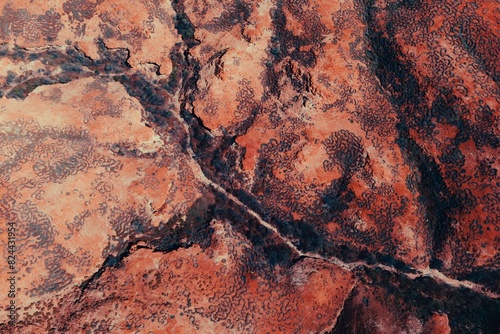 Abstract Aerial View of Desert Terrain With Red Rocks and Dirt Textures Patterns Kimberley Broome Pilbara Region Western Australia 