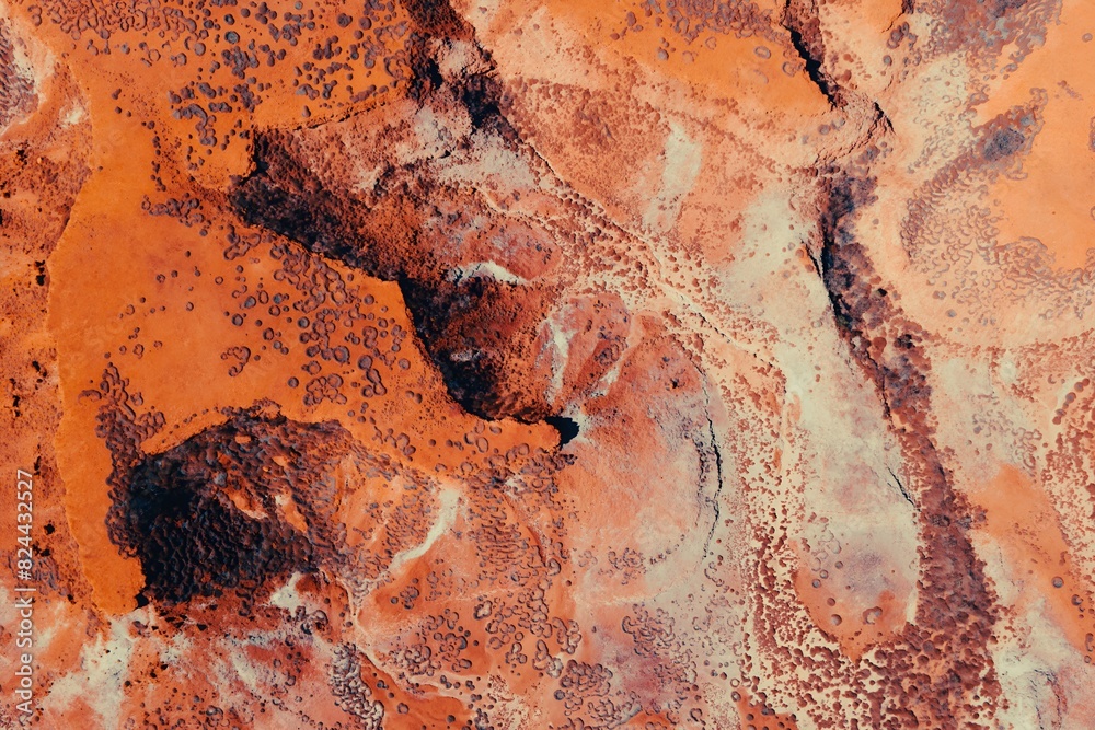 Abstract Aerial View of Desert Terrain With Red Rocks and Dirt Textures Patterns Kimberley Broome Pilbara Region Western Australia Abstract Aerial View of Desert Terrain With Red Rocks and Dirt Textures Patterns Kimberley Broome Pilbara Region Western Australia