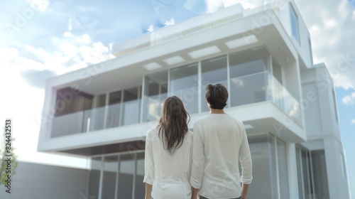 Capture a back view of a couple holding hands and admiring their new house, symbolizing the excitement of homeownership. 