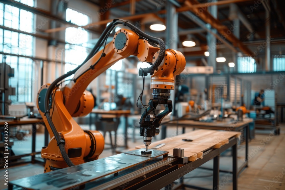 The robotic arm works in the workshop The robotic arm works in the workshop