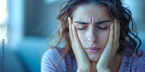 Causes of throbbing head pain in migraines due to stress on brain arteries. Concept Migraine Triggers, Stress Effects, Artery Constriction, Head Pain, Throbbing Sensation photo