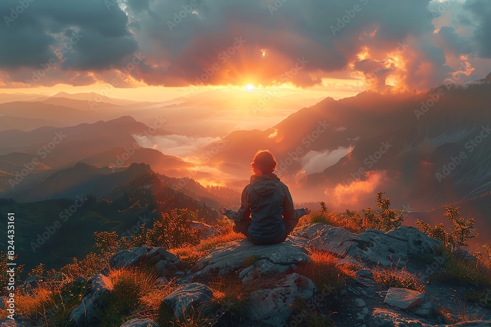 A person sitting on a rock in the mountains A person sitting on a rock in the mountains