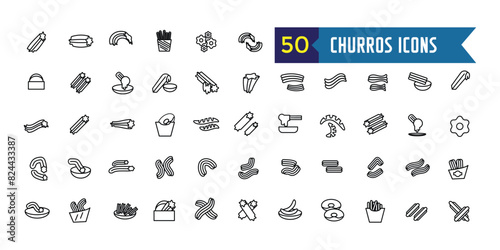 Churros icons set outline vector. Mexican chocolate. Churro food. Outline icon collection. Editable stroke.