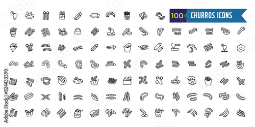 Churros icons set outline vector. Mexican chocolate. Churro food. Outline icon collection. Editable stroke.