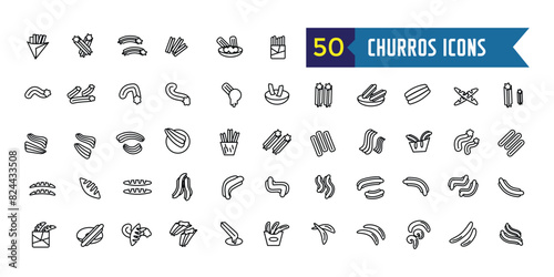 Churros icons set outline vector. Mexican chocolate. Churro food. Outline icon collection. Editable stroke.