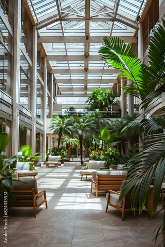 Modern Atrium with Natural Light, Greenery, and Minimalist Design Creating a Tranquil Environment for Relaxation and Social Gatherings