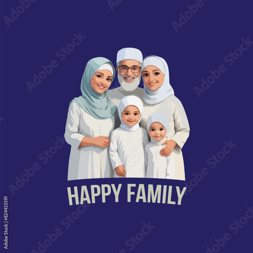 happy Muslim family illustration. family characters of different generation. Arab men in keffiyeh, women and girls in hijab, kids, student and old persons, vector illustration