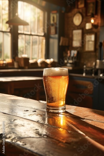 A glass of beer, template, mockup of an alcoholic beverage standing on a wooden table on the background of a beerhouse. Suitable for pub or bar menu design.	